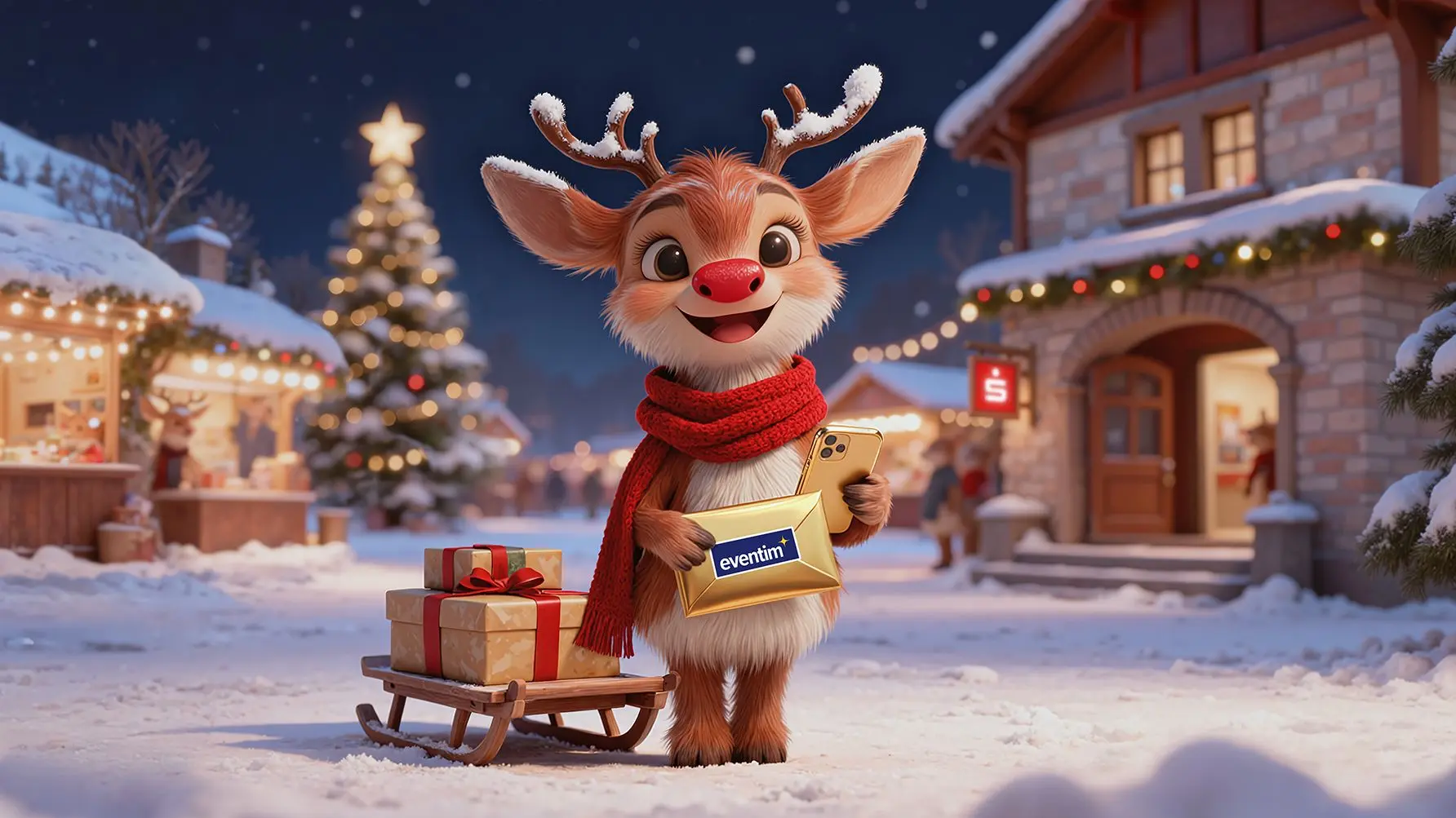 Festive reindeer character with Christmas decorations in a snowy village scene