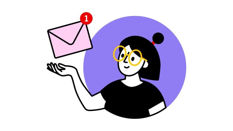 Illustration of a person with a tablet reading newsletter, with email icons floating around